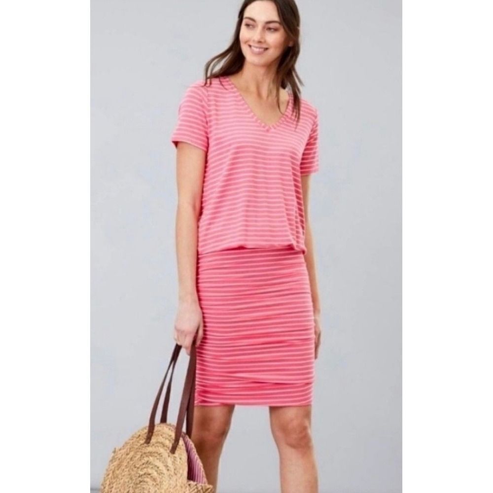 Joules Pink Striped V Neck Short Sleeve Knit Dress Size 4 Casual